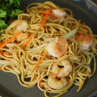 Shrimp Lo Mein · Soft noodles stir fried with shrimp and onion, snow peas, carrots and bean sprouts in brown ...
