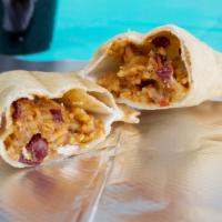 Rice, Beans and Cheese Empanada · High quality parboiled rice, homemade Spanish beans, and cheese with Juan and Maria's specia...