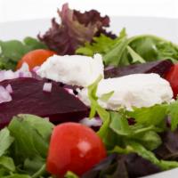 Beets and Goat Cheese Salad · Beet with goat cheese, organic mixed greens, chopped onions and house dressing. Vegetarian a...