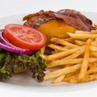 8 oz. Black Angus Burger · Served with cheddar cheese, bacon, lettuce, tomato and onions on brioche bun and french fries.