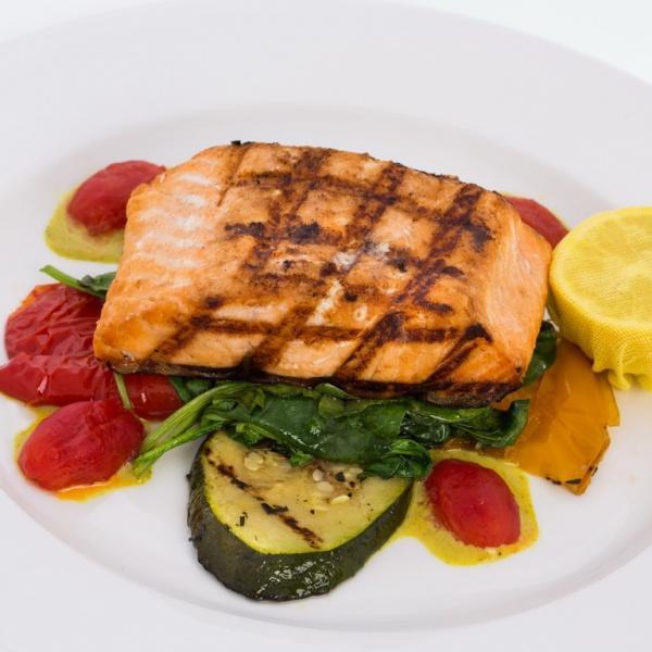 8 oz. Grilled Wild Salmon · Grilled salmon with grilled vegetables. Gluten free.