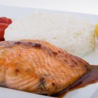 Roasted Salmon · Wild Atlantic salmon, marinated with honey ginger sauce and served with white rice.