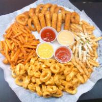 Appetizer Combo · Assorted fried appetizers: French fries, sweet potato fries, mozzarella sticks, onion rings ...