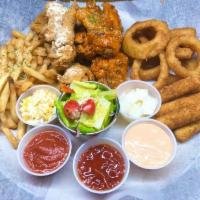 Soy Garlic Chicken Combo · Soy bone-in whole chicken with side of fries, honey butter chips, mozzarella sticks, onion r...