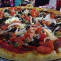 The Works Pizza · Our classis marinara sauce with a combination of pepperoni, sausage, mushrooms, onions, blac...