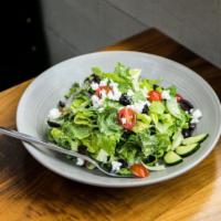 Granville Salad · Cucumber, feta, Kalamata olives, red onion, mint, and lemon oregano vinaigrette. Vegetarian....