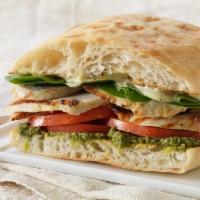 Chicken Sandwich · Grilled chicken, bacon, avocado, mozzarella, tomato, pesto sauce with balthazar focaccia bre...