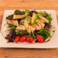 Grilled Chicken Salad · Grilled chicken, organic mesclun, avocado, cherry tomatoes, cucumbers with pesto crostini.