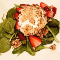 Crispy Fried Goat Cheese Salad · Organic mesclun, crispy fried goat cheese, strawberries, walnuts with pomegranate balsamic v...