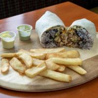 Chicken Burrito · Served with french fries. Flour tortilla, rice, black beans, guacamole, sour cream, cheese, ...