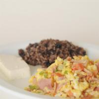 Huevos con Jamon · Scrambled eggs with ham. With refried beans or mixed black beans and rice, queso fresco or s...