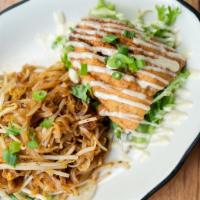 17.2 Pad Thai and Salmon · house Pad Thai noodle, egg, onion, bean sprout, w/ dusted-salmon fillet (6oz) over fresh gre...
