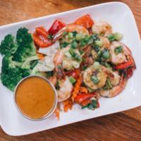 22. Angel Prawns (GF) · garlic & white pepper prawn (10) stir-fry, bell pepper and scallion over steamed broccoli, c...