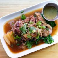 24. Braised Pineapple Pork (GF) · Slow cooked pork shoulder in pineapple and five spices, steamed Chinese broccoli, side garli...