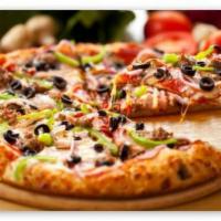Veggie Deluxe Pizza · Mushrooms, red onions, green peppers, black olives, Roma tomatoes and cheese blanket.