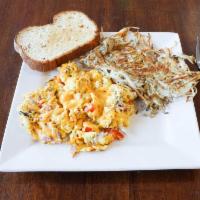 Breakfast Denver Scramble · Ham, onions, bell pepper and cheddar. Served with choice of bread and side.