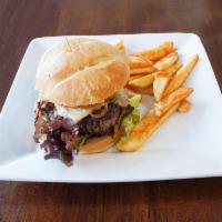 Lunch Mushroom Avocado Burger · 1/2 lb burger served with sauteed crimini mushrooms, caramelized onions, lettuce, tomato, pi...