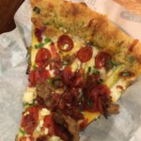 Watsonville Apple Pizza · Green apple slices, pepperoni, sausage, bacon, green onions, Gorgonzola cheese and garlic. N...