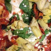Fort Point Pizza · Light tomato and pesto sauce with Roma tomatoes, chicken, ricotta cheese, sausage, artichoke...