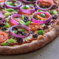 Asilomar Pizza · Tomatoes, olives, garlic, onions, mushroom and bells.