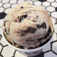 Peanut Butter Cookies and Cream Ice Cream · Peanut butter ice cream with chunks of chocolate & cream cookies hand-stirred in. Vegetarian.