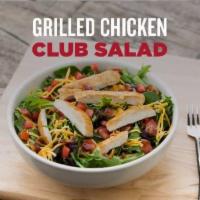 Grilled Chicken Club Salad · Grilled chicken breast served on seasonal greens with chopped Applewood smoked bacon, fresh ...