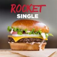 Rocket Single Burger · Our signature burger includes Wisconsin cheddar cheese, crisp leaf lettuce, fresh tomato, sl...