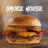 Smoke House Burger · Thick-cut Applewood smoked bacon, crispy sourdough onion rings, Wisconsin cheddar cheese and...
