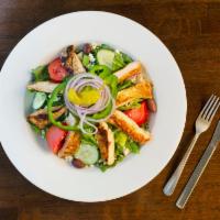 Chicken Greek Salad · Chicken, freshly cut romaine, tomato, cucumber, red onion, bell pepper, pepperoncini pepper,...