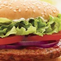 Garden Burger Deluxe · Veggie burger on a sesame seed bun with mayo, mustard, lettuce, tomatoes, red onions and che...