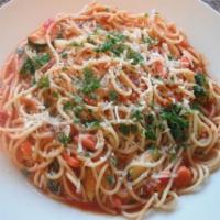 Pasta Primavera · Spaghetti with mixed vegetables served with marinara or Alfredo sauce. Served with bread and...