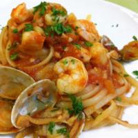 Zorbas Seafood · Spaghetti in your choice of sauce with mussels, clams, shrimp and calamari.