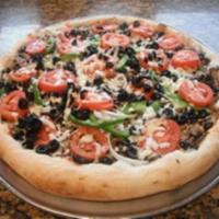 8. Veggie Pizza · Fresh tomatoes, bell peppers, mushrooms, onions, olives, garlic and mozzarella.