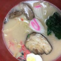 166. House Noodle Soup · BBQ pork, bamboo shoots, mushrooms, spinach, marinated egg and dry seaweed.