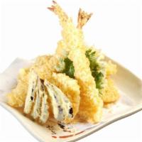 A7. Tempura · Deep fried (2 pieces of prawns and 5 pieces of vegetables) with sauce.