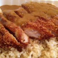 E6. Katsu Curry · Lightly fried and breaded pork served over rice with curry sauce. Served with miso soup, hou...