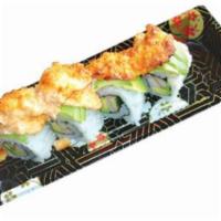 Volcano Jr Roll · 4 pieces. Baked creamy dynamite (scallop, mayo and masago) and avocado on top, imitation kra...