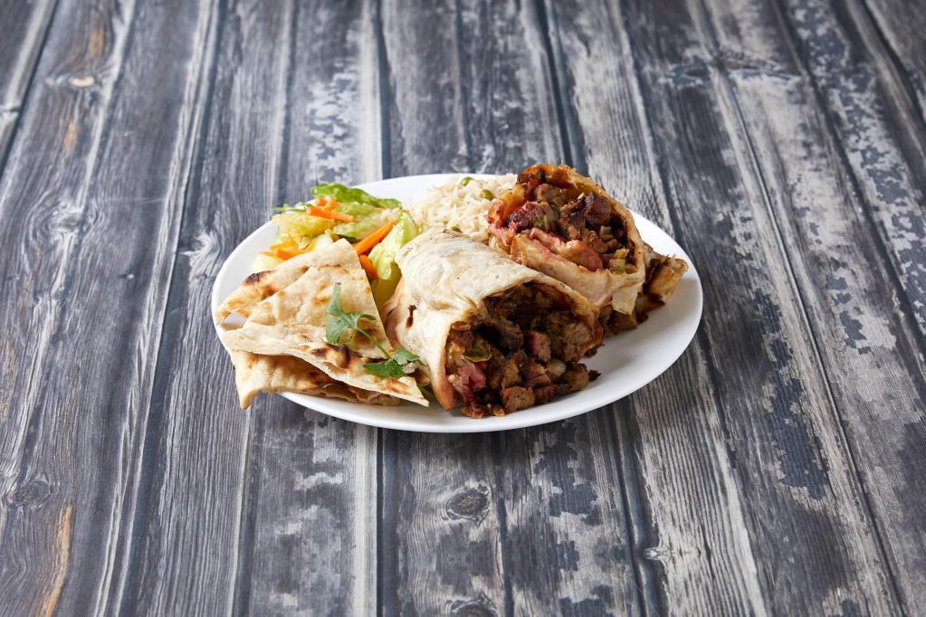 Beef Wrap · Served with salad rice and naan bread.