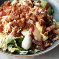 BBQ Chicken Salad · fried chicken breast, tomatoes, avocado, bacon, grilled corn, white cheddar, egg, buttermilk...