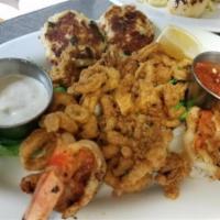 Seafood Sampler · Calamari, shrimp and crab cake.