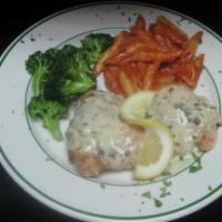 Veal or Chicken Picatta · Sauteed with white wine butter sauce, choice of pasta or garlic mashed potatoes.
