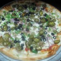 Chuck Gardner Pizza · Italian sausage, black olive, green olive, red onion, green pepper and jalapeno.