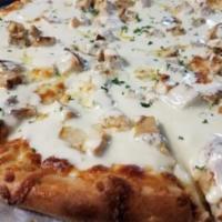 Chicken Alfredo Classic Pizza · Fresh grilled chicken with Alfredo sauce and bacon.