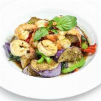 50. Shrimp with Eggplant · Sauteed Chinese eggplant with shrimp, bell pepper and basil leaves flavored with bean sauce,...