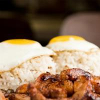 25. Tosilog Breakfast · Sweet marinated pork. Include with 2 eggs, 2 rice, tomato and pickled papaya.