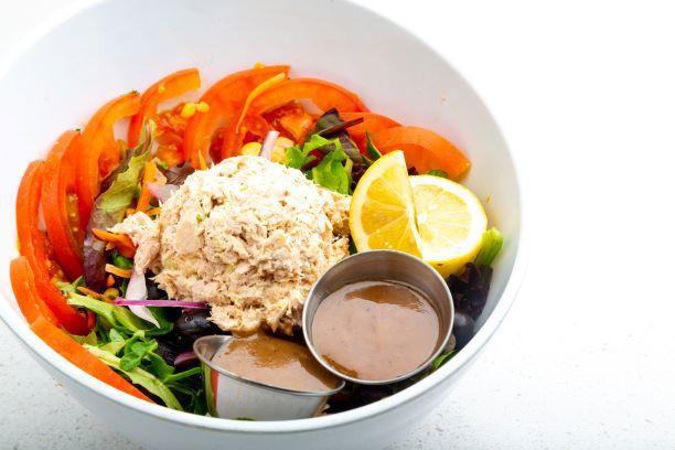Tuna Salad · Albacore tuna with or without mayo, baby greens, red onions, tomato, garbanzo beans, carrots, olives and corn. Balsamic vinaigrette dressing.
