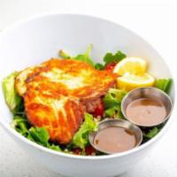 Salmon Salad · Pan-seared salmon, baby greens, arugula, corn, walnuts, cherry tomatoes and feta cheese. Bal...