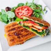 Grilled Chicken Panini · Tomato, yellow peppers, fresh spinach and lettuce. Includes our house made pesto (nut free),...