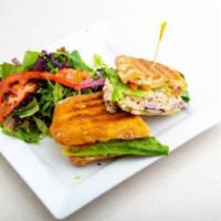 Tuna Panini · Tomato, red onions, black olives and lettuce. Includes our house made pesto (nut free), sun-...
