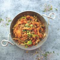 Blazing Noodles · Noodles with chili seared soy sauce, scallions, cabbage, carrots, bell peppers, and onions.